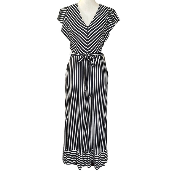 NWT ECI New York Zip Front Belted Wide Cropped Leg Striped Jumpsuit SZ S Navy - Picture 1 of 9